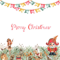 Nutcracker and Balcrina with fir branches, pine cones, garland with flags watercolor illustration. Forest plants for winter Christmas and New Year decoration isolated from background. Banner, frame,