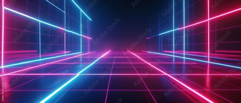 Poster abstract neon grid background with blue and pink glowing lines, creating a futuristic and immersive 