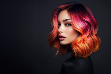 Beautiful Woman with Orange balayage , hair coloring technique. Beauty model girl with short soft wavy hair . curly hairstyle dye .Fashion, cosmetics and makeup