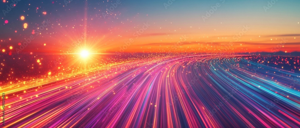 Poster abstract colorful light trails with glowing particles at sunset, representing high speed data transf