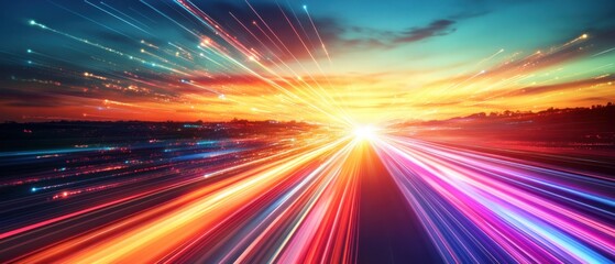 Obraz premium Abstract light trails at sunset, representing high speed data transfer, digital communication, and futuristic technology
