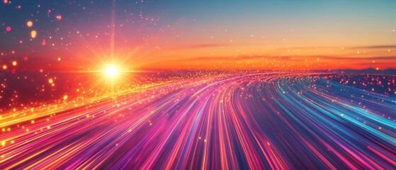 Abstract colorful light trails with glowing particles at sunset, representing high speed data transfer and futuristic technology concept