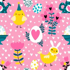 Easter chicken and eggs seamless birds pattern for wrapping paper and fabrics