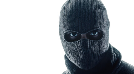 Dark-hooded intruder wearing black balaclava, glaring menacingly with threatening gaze against transparent backdrop, embodying criminal intent