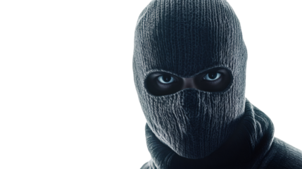Dark-hooded intruder wearing black balaclava, glaring menacingly with threatening gaze against transparent backdrop, embodying criminal intent