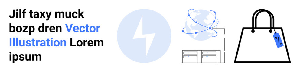 Lightning bolt symbolizes power, atomic structure denotes science and innovation, handbag with tag represents shopping and commerce. Ideal for energy, technology, retail, education, marketing