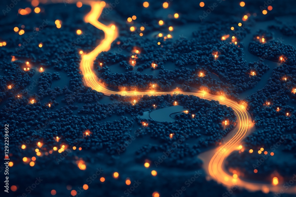 Poster glowing path winding through dense forest in night landscape, symbolizing digital navigation, energy