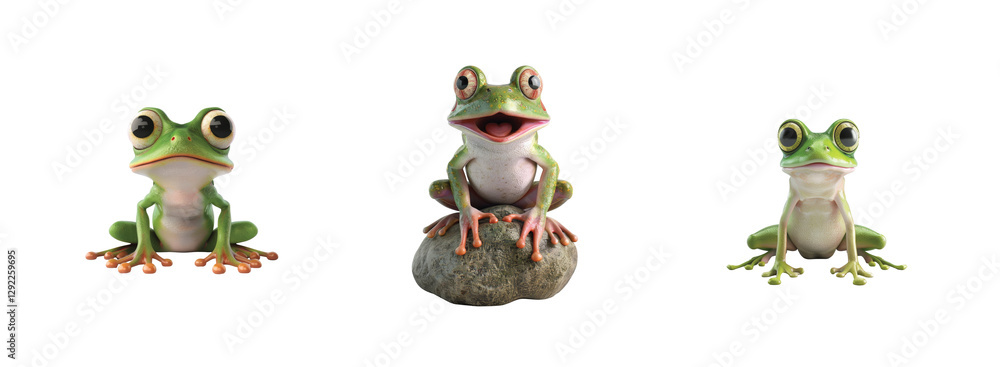 Poster three cute green frogs displaying unique poses while sitting cheerfully on different surfaces