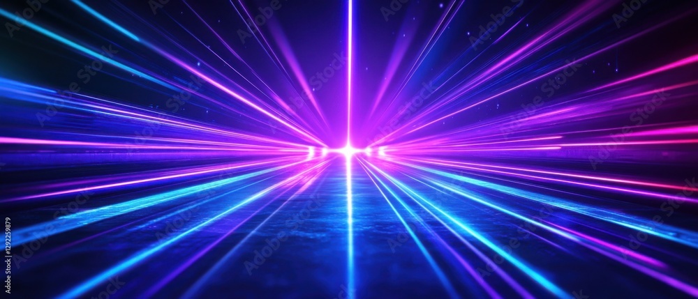 Poster abstract neon light trails with blue and purple glowing lines converging to a bright vanishing point
