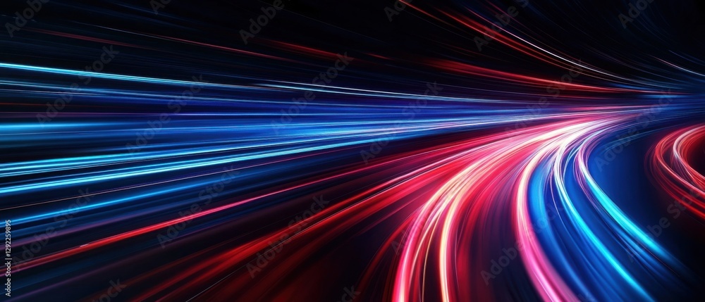 Poster abstract light trails with red and blue neon glowing streaks, creating a dynamic motion blur effect 