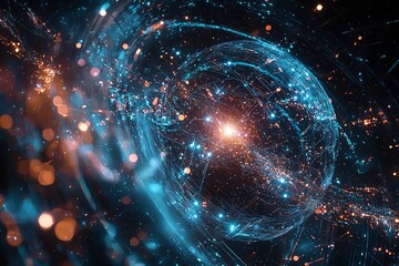 Fototapeta premium Futuristic visualization of orbital communication networks, data-like streams, satellite connections, global data flow, cosmic interface