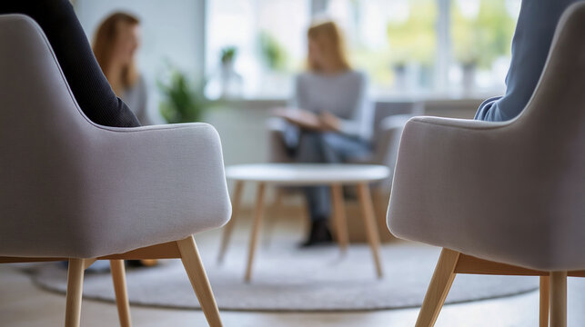 People sitting in chairs during a therapy or counseling session in a bright, modern room with a round table in the center