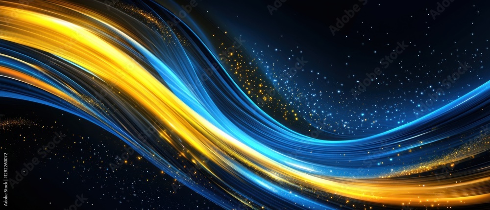 Poster abstract background with dynamic blue and gold waves and sparkling particles, creating a modern and 