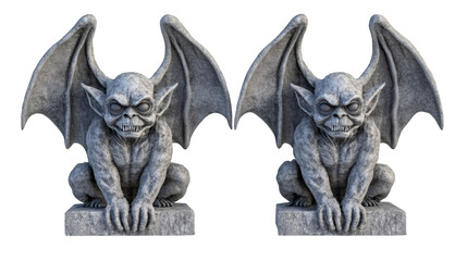 Stone gargoyle figurines perching symmetrically, displaying ornate sculptural elements against stark white background