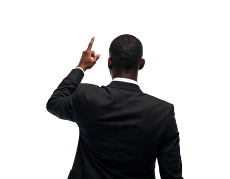 Businessman in black suit seen from behind pointing up, leadership and direction concept, transparent PNG
