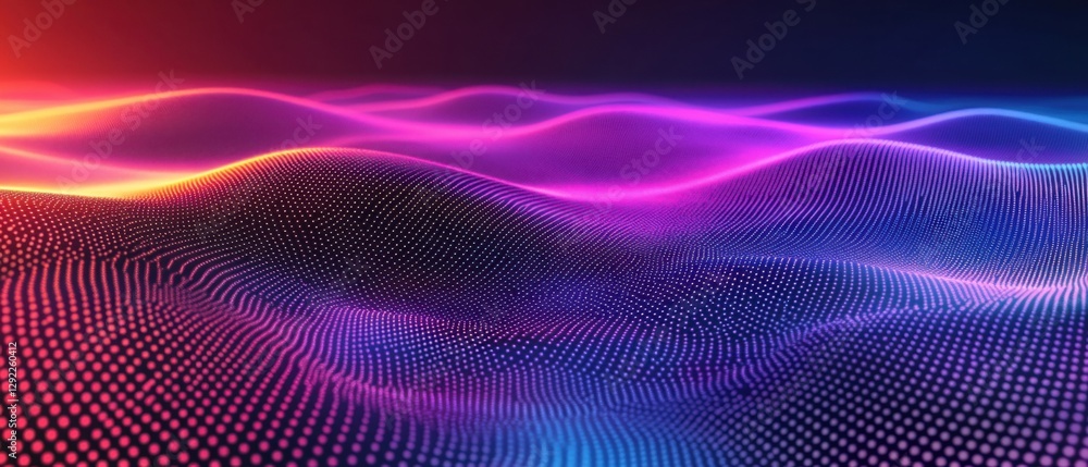 Poster abstract neon glowing waves with dotted grid, futuristic technology background for digital innovatio