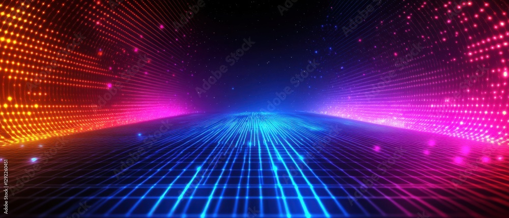 Poster abstract futuristic background with glowing grid lines and colorful neon lights in a dark space, con