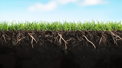 Fototapeta premium Charming Green Grass Growing on Hillside Under Blue Sky, Nature nurtures grass from the soil concept.