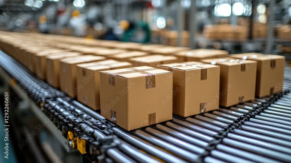 Poster assembly line showcasing neatly packed boxes moving through a warehouse environment