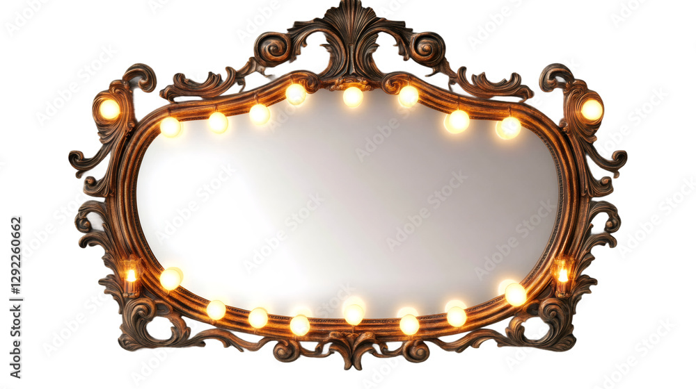 Poster ornate baroque mirror frame with illuminating vanity bulbs, casting soft glow around reflective surf