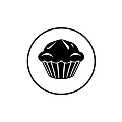 Black and White Muffin Icon: Minimalist illustration of a muffin, inside of a black circle, with a simple style and white background.