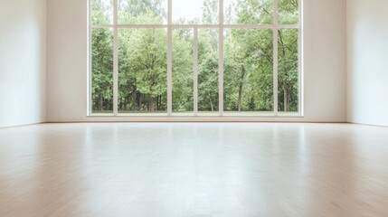 Obraz premium Empty room, large window, forest view, light wood floor, real estate