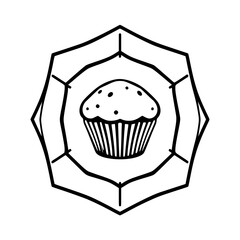 Muffin illustration within a decorative frame of geometric shapes and lines.