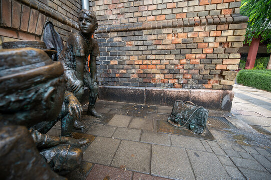 Budapest, Hungary, August 29, 2022. Street view with the representation with metal statues of a moment of play of the boys of Pal street, a famous book for young people.