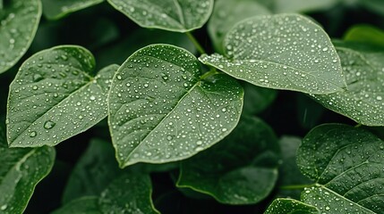 Close-Up of Raindrops on Green Leaves in a Forest Setting, Service metrics nurture forest growth concept.