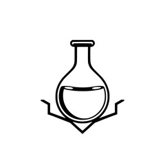 Simplified outline drawing of a rounded laboratory flask with liquid content.