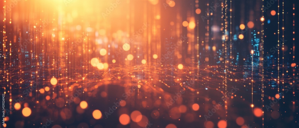 Poster abstract futuristic cityscape with glowing orange bokeh lights and data streams, representing digita