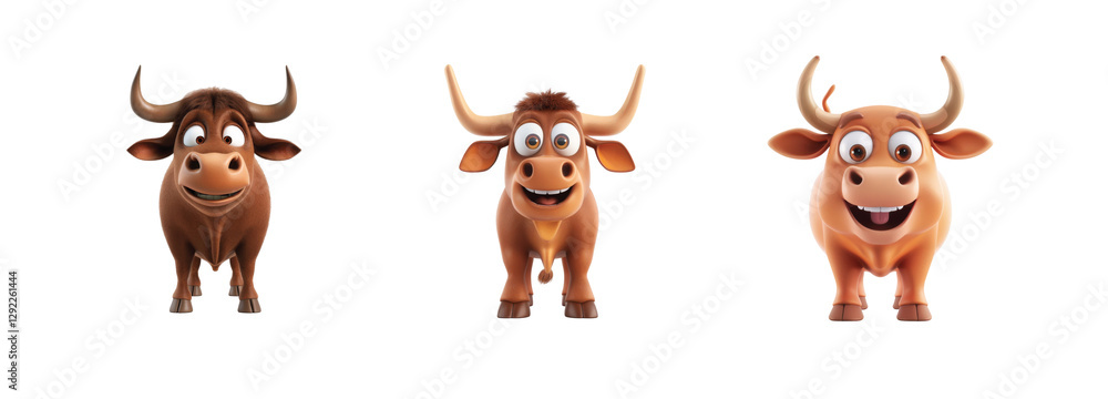 Aufkleber charming cartoon bulls with expressive faces and horns on display in front view