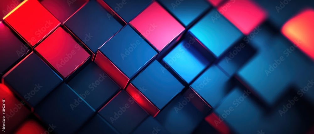 Poster abstract geometric background of blue and red cubes with metallic reflections, creating a modern and