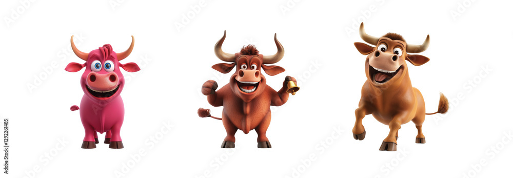 Poster three cartoon bull characters with unique expressions and lively poses in a charming style