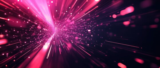 Fototapeta premium Abstract pink light speed burst with glowing particles on dark background Concept of futuristic technology, data transfer, and cosmic energy