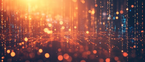 Obraz premium Abstract futuristic cityscape with glowing orange bokeh lights and data streams, representing digital transformation and technology