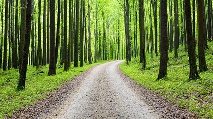 Obraz premium Serene Forest Pathway Surrounded by Lush Green Trees and Foliage, Service metrics nurture forest growth concept.