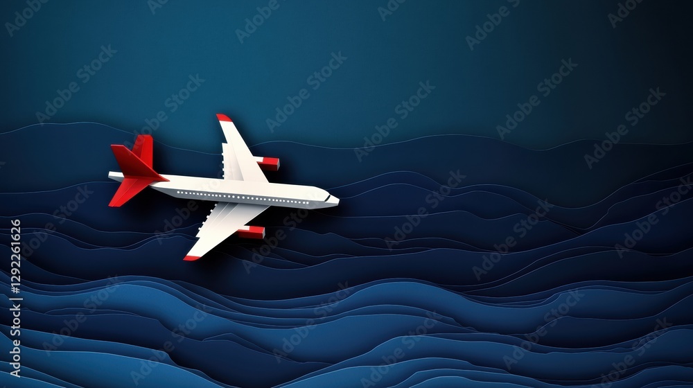 Poster airplane flying over abstract ocean waves in blue tones creating a modern design concept. generative