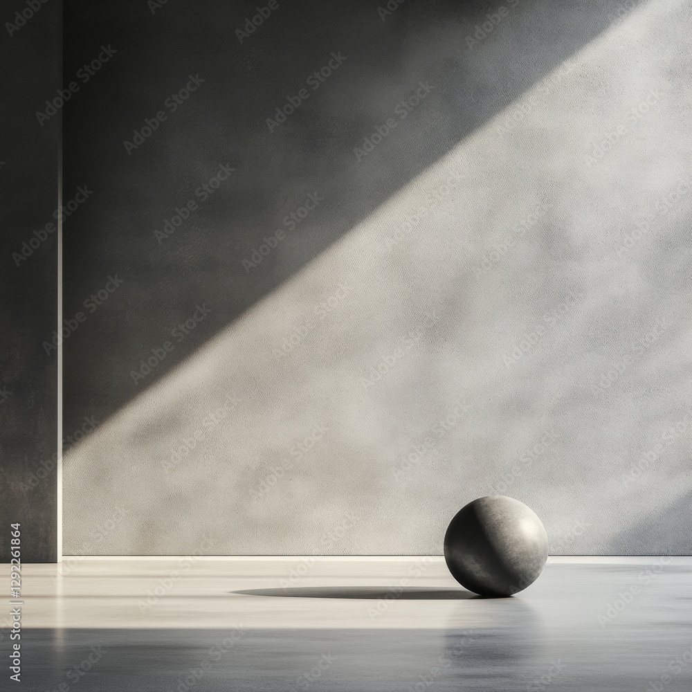 Poster Minimalist setting features a black sphere illuminated by natural light in a serene indoor space. Generative AI