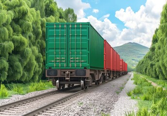 Fototapeta premium Freight Train Carrying Cargo Containers Through Lush Green Landscape.