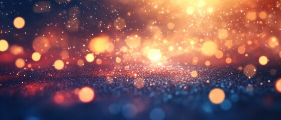 Fototapeta premium Abstract glittery background with sparkling bokeh lights in warm gold and cool blue tones, creating a magical and festive atmosphere for celebration