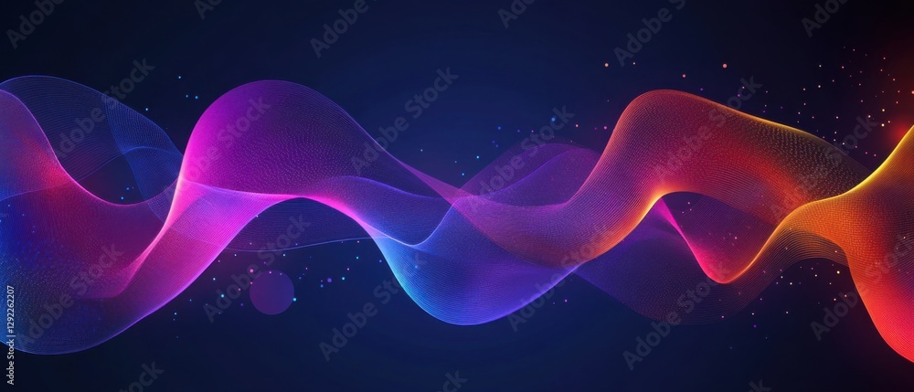 Poster abstract flowing gradient wave with particle dots on dark blue background concept of digital technol