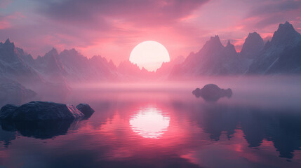 A serene 3D render of a fantasy landscape featuring rugged rocks, tranquil water, and a red sunset. The abstract background creates a spiritual zen atmosphere with a modern skyline.

