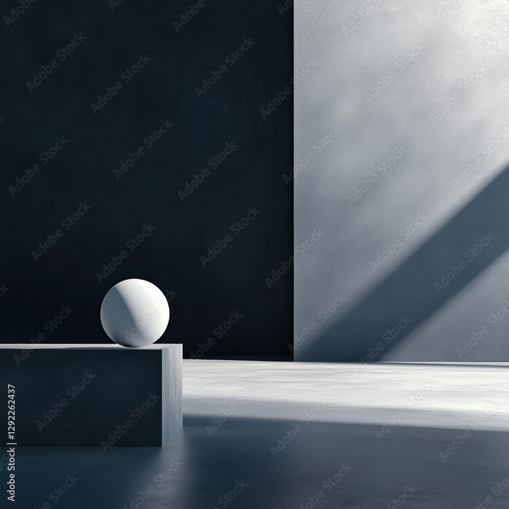 Poster minimalist interior showcasing a single white spherical object against a dark textured wall in a con