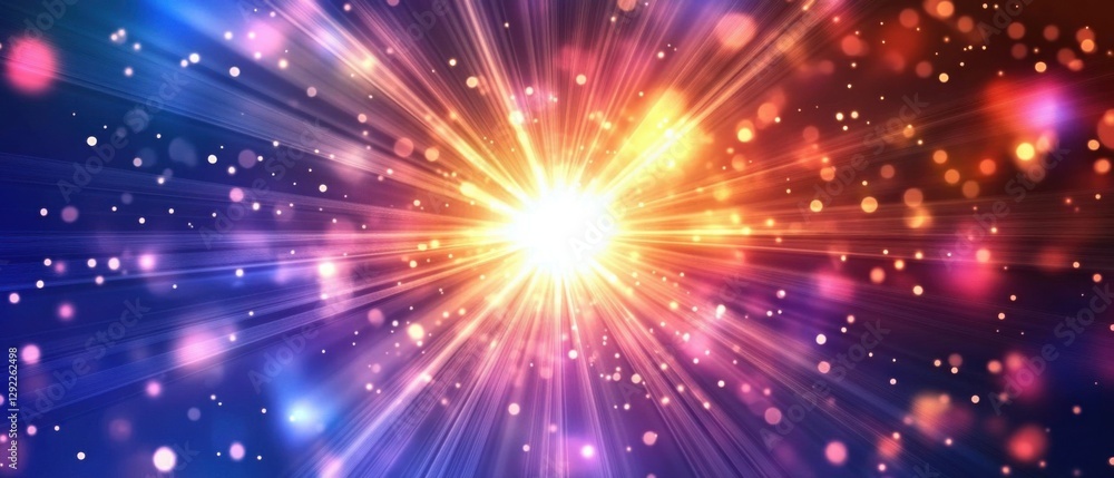 Poster abstract cosmic burst with vibrant light rays and bokeh particles in a dynamic space background, con