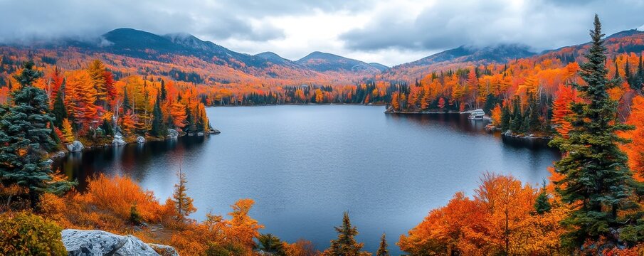 Beautiful, colourful Mont-Tremblant lake in cold fall down from attractive winter destination in Canada.