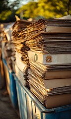 Obraz premium Stacked paper and cardboard waste in blue bins, blurred trees in the sun