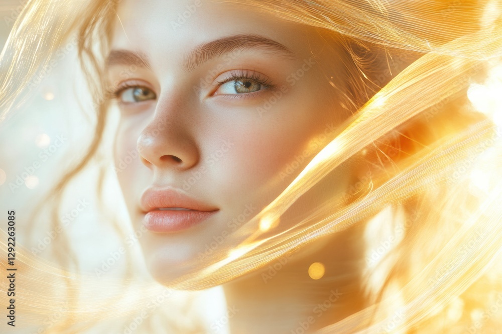 Poster golden lines gracefully enhance the youthful appearance of a womans face illustrating a lifting effe
