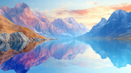 Fototapeta premium A serene 3D render of a fantasy landscape featuring rugged rocks, tranquil water, and a red sunset. The abstract background creates a spiritual zen atmosphere with a modern skyline.