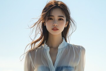 Woman Portrait with Flowing Hair and Sheer Top against Blue Sky